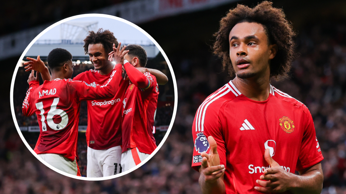 MANCHESTER, ENGLAND - DECEMBER 01: Joshua Zirkzee of Manchester United celebrates after scoring their side's fourth goal during the Premier League ...