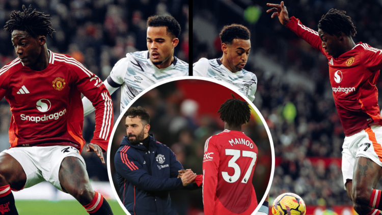 MANCHESTER, ENGLAND - DECEMBER 22: Kobbie Mainoo of Manchester United in action during the Premier League match between Manchester United FC and AF...