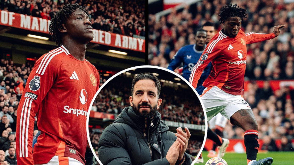 MANCHESTER, ENGLAND - DECEMBER 01: Kobbie Mainoo of Manchester United walks out ahead of the Premier League match between Manchester United FC and ...