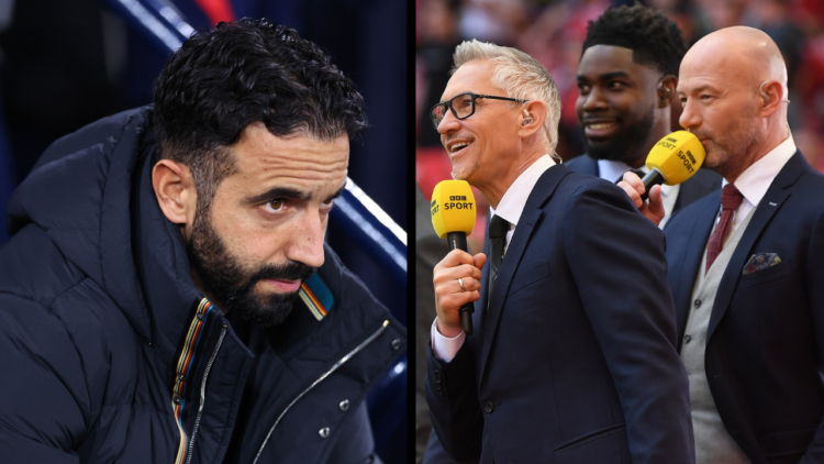 LONDON, ENGLAND - APRIL 16: Sports Broadcaster, Gary Lineker and pundits Danny Murphy, Micah Richards and Alan Shearer react prior to The Emirates ...