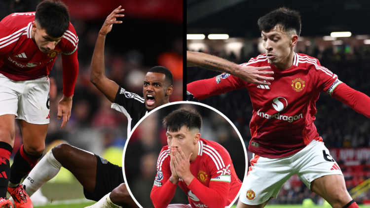 MANCHESTER, ENGLAND - DECEMBER 30: Alexander Isak of Newcastle United reacts after being fouled by Lisandro Martinez of Manchester United during th...