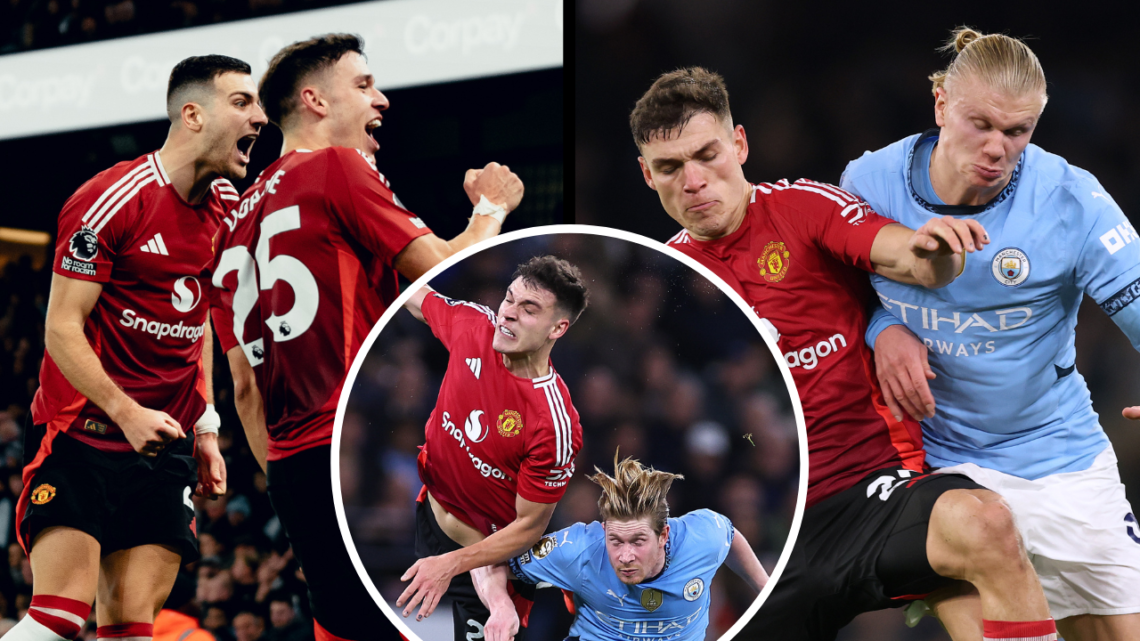 MANCHESTER, ENGLAND - DECEMBER 15: Manuel Ugarte of Manchester United and Erling Haaland of Manchester City battle for possession during the Premie...