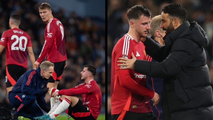 MANCHESTER, ENGLAND - DECEMBER 15: Mason Mount of Manchester United is consoled by Ruben Amorim, Manager of Manchester United, as he leaves the pit...