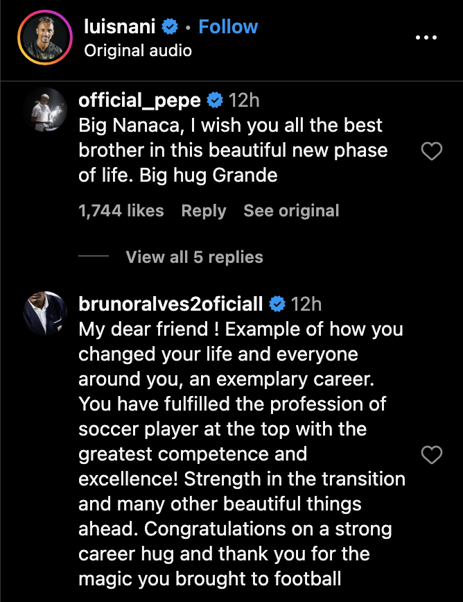 Real Madrid legend Pepe sends message to Nani after the Manchester United cult hero announced his retirement. Credit: Instagram