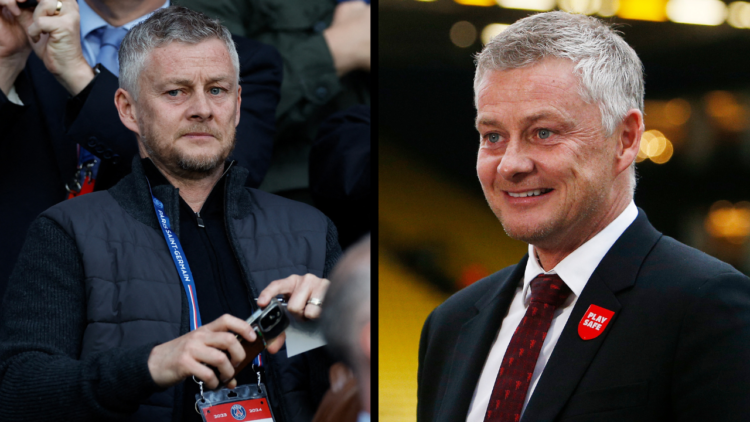 Former Manchester United forward Norway's Ole Gunner Solskjaer (C) looks on from the stands during the UEFA Champions League semi-final second leg ...