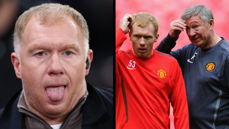 LONDON, ENGLAND - MAY 27: Paul Scholes of Manchester United (L) and Sir Alex Ferguson manager of Manchester United gesture during a Manchester Unit...