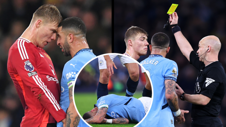 MANCHESTER, ENGLAND - DECEMBER 15: Rasmus Højlund of Manchester United and Kyle Walker of Manchester City receive a yellow card from Referee Anthon...
