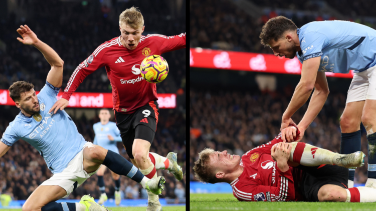 MANCHESTER, ENGLAND - DECEMBER 15: Rasmus Hojlund of Manchester United is challenged by Ruben Dias of Manchester City in the penalty area during th...