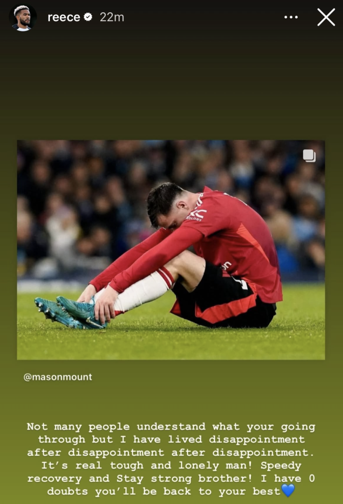 Chelsea captain Reece James reacted to Mason Mount’s latest injury at Manchester United. Credit: Instagram Stories