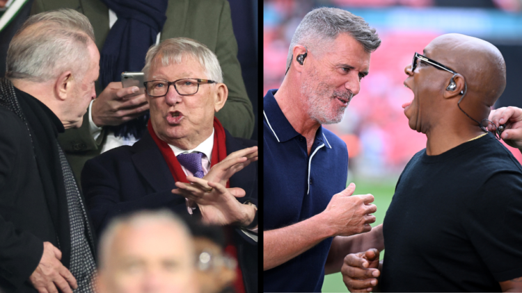 LONDON, ENGLAND - AUGUST 10: Pundits and former football players Roy Keane and Ian Wright share a joke prior to the 2024 FA Community Shield match ...