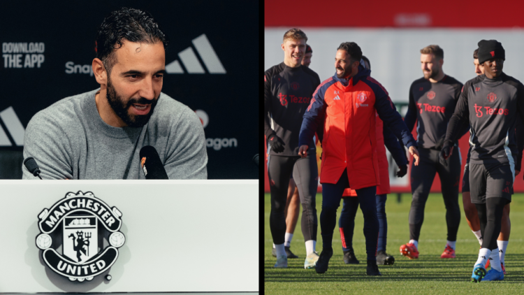 MANCHESTER, ENGLAND - DECEMBER 02: Head Coach Ruben Amorim of Manchester United speaks during a press conference at Old Trafford on December 02, 20...