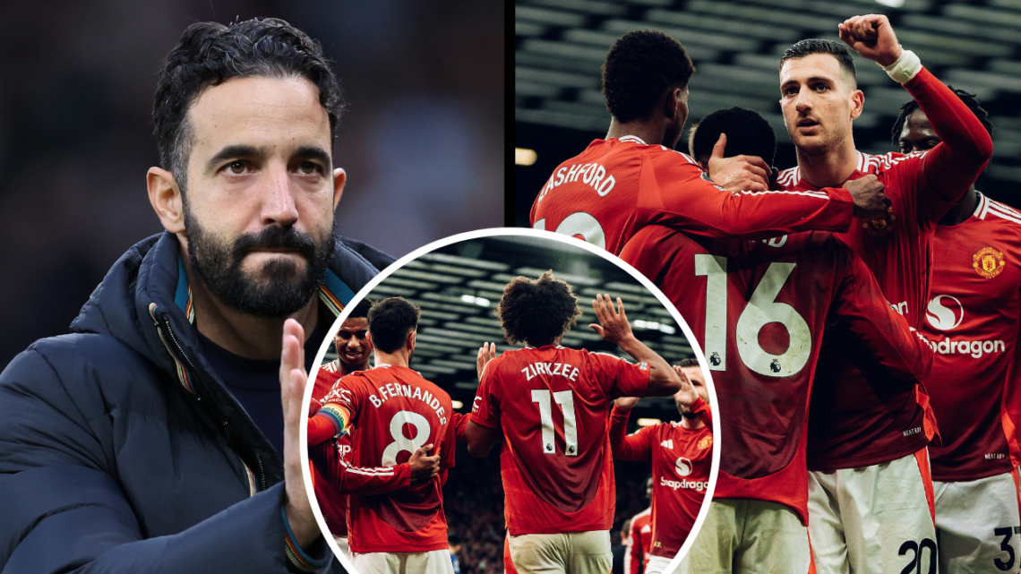 MANCHESTER, ENGLAND - DECEMBER 01: Ruben Amorim, Head Coach of Manchester United, applauds the fans as he walks towards the tunnel after the team's...