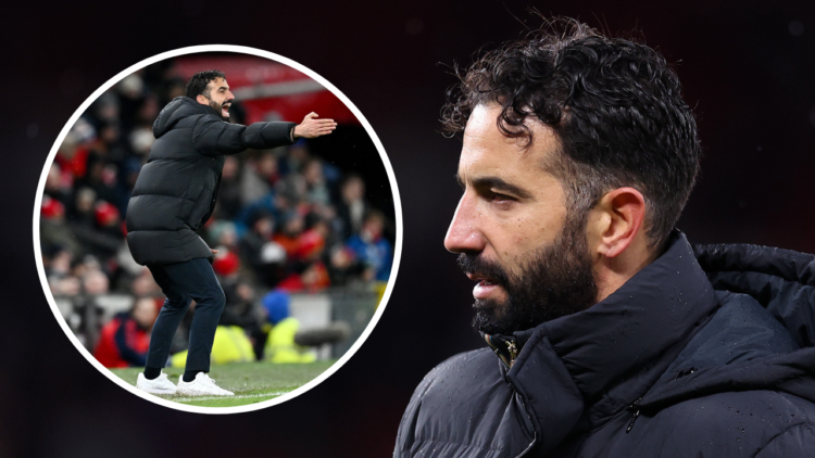 MANCHESTER, ENGLAND - DECEMBER 07: Ruben Amorim the manager of Manchester United looks dejected after the Premier League match between Manchester U...