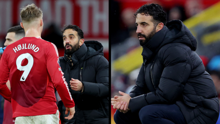 MANCHESTER, ENGLAND - DECEMBER 07: Ruben Amorim, Head Coach of Manchester United, speaks with Rasmus Hojlund of Manchester United during the Premie...