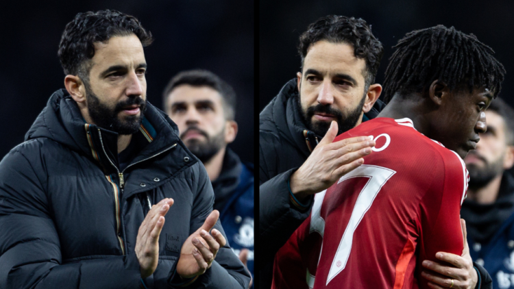 LONDON, ENGLAND - DECEMBER 19: Manchester United's manager Ruben Amorim consoles Kobbie Mainoo at the end of the match during the Carabao Cup Quart...