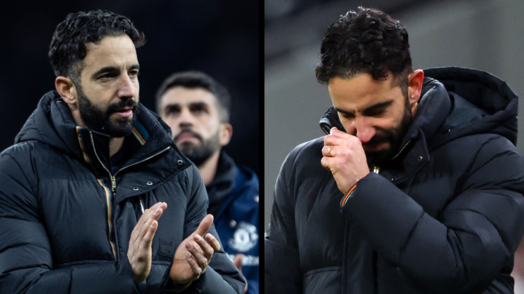 LONDON, ENGLAND - DECEMBER 19: Manchester United manager Ruben Amorim reacts during the Carabao Cup Quarter Final match between Tottenham Hotspur a...