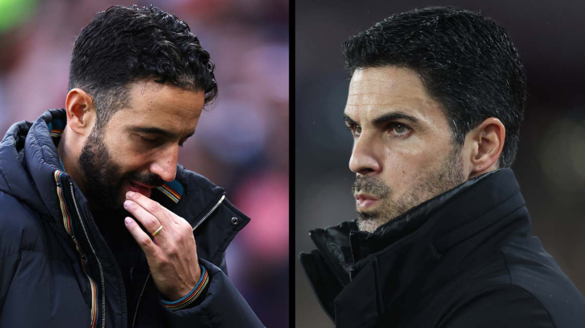 MANCHESTER, ENGLAND - DECEMBER 01: Ruben Amorim, Head Coach of Manchester United, reacts as he walks towards the tunnel at half-time during the Pre...
