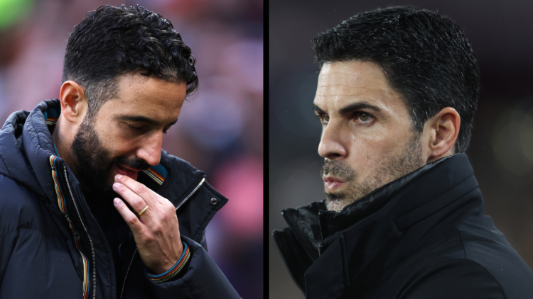 MANCHESTER, ENGLAND - DECEMBER 01: Ruben Amorim, Head Coach of Manchester United, reacts as he walks towards the tunnel at half-time during the Pre...