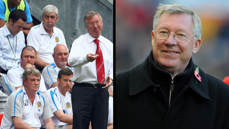 Manchester United manager Sir Alex Ferguson stands in front of Wigan Athletic manager Steve Bruce (L) during their English Premier League football ...