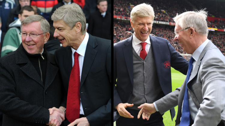 LONDON, ENGLAND - JANUARY 22: Arsene Wenger the Manager of Arsenal and Alex Ferguson the Manager of Manchester United shake hands before the Barcla...