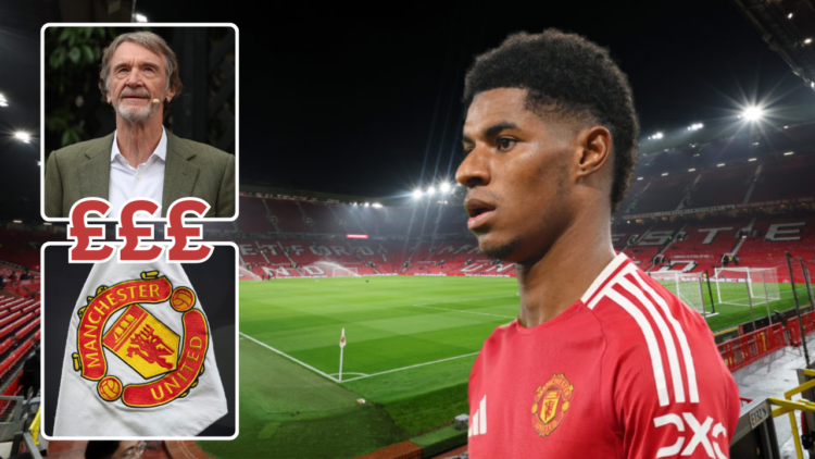 Marcus Rashford, Manchester United badge, Sir Jim Ratcliffe, General view of Old Trafford