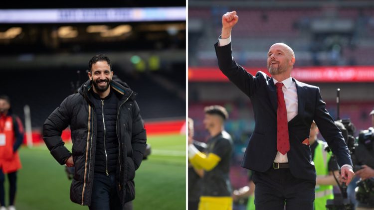 Ruben Amorim happy and Erik ten Hag celebrating FA Cup win split image