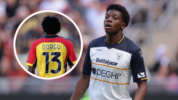 Patrick Dorgu in white Lecce kit. Inset, Dorgu in yellow kit, with number 13.