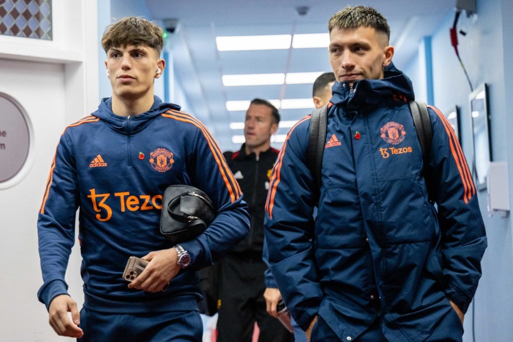 Alejandro Garnacho and Lisandro Martinez of Manchester United arrive prior to the Premier League match between Aston Villa and Manchester United at...