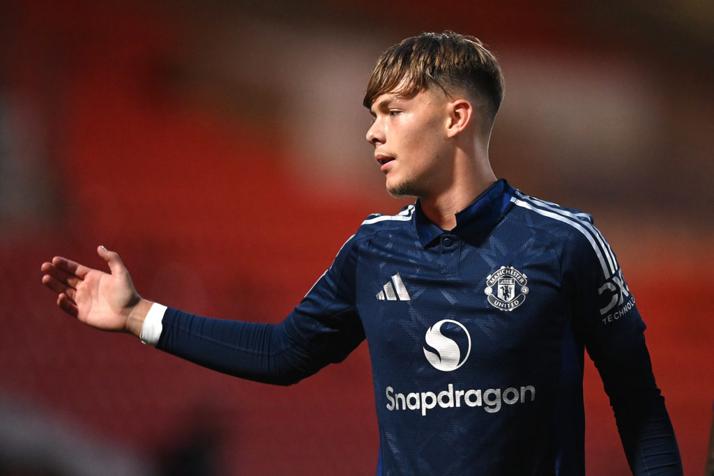 Sam Mather of Manchester United celebrates after scoring his sides first goal during the Bristol Street Motors Trophy match between Doncaster Rover...