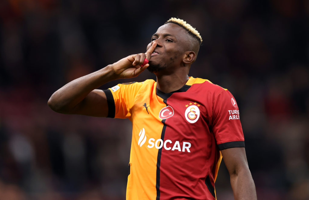 Victor Osimhen of Galatasaray celebrates after the team's victory in the UEFA Europa League 2024/25 League Phase MD4 match between Galatasaray A.S. and Tottenham Hotspur, Nov 7, 2024