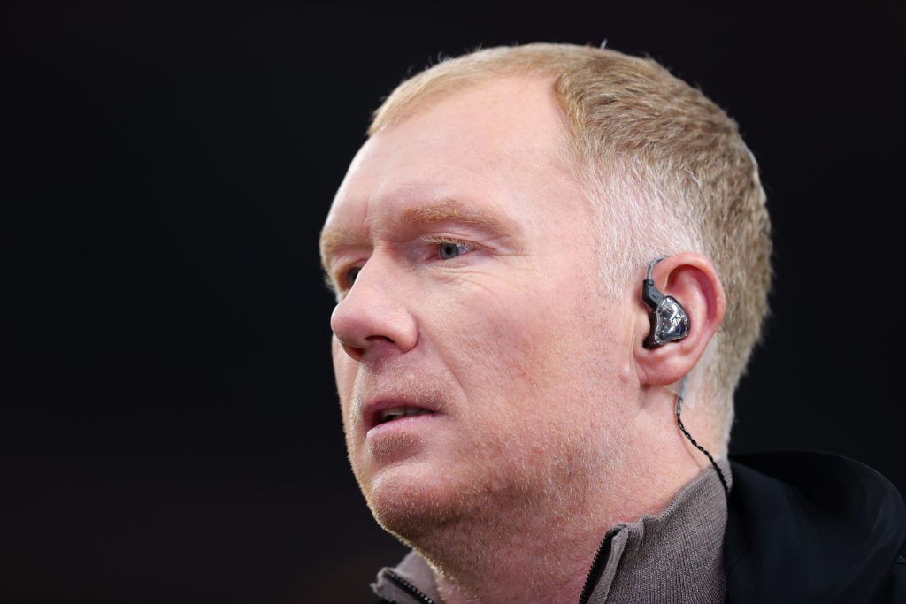 TNT Sports pundit Paul Scholes during the UEFA Europa League 2024/25 League Phase MD4 match between Manchester United and PAOK FC at Old Trafford o...