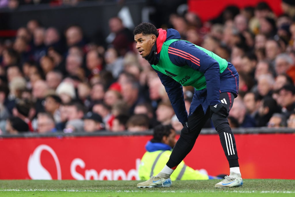 Marcus Rashford of Manchester United warms up during the Premier League match between Manchester United FC and Newcastle United FC at Old Trafford ...