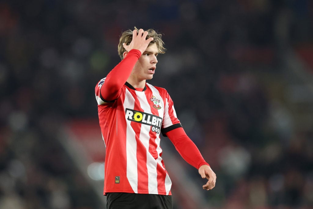 Tyler Dibling of Southampton reacts during the Premier League match between Southampton FC and West Ham United FC at St Mary's Stadium on December ...