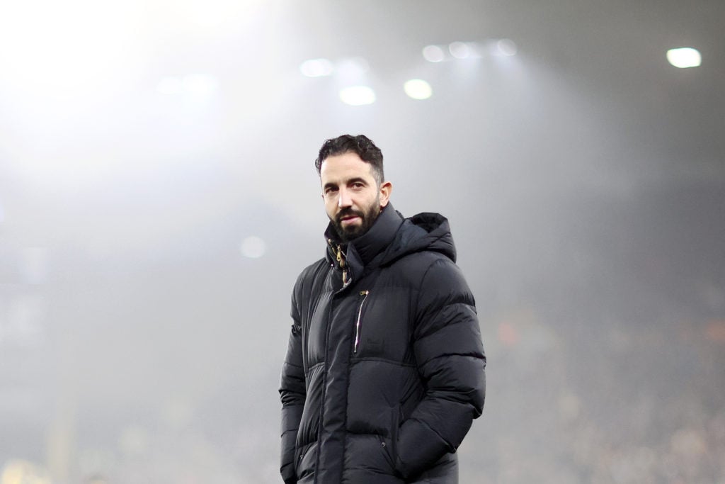 Ruben Amorim, Manager of Manchester United, looks on prior to the Premier League match between Wolverhampton Wanderers FC and Manchester United FC ...