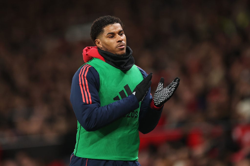 Marcus Rashford of Manchester United applauds the fans while warming up during the Premier League match between Manchester United FC and Newcastle ...