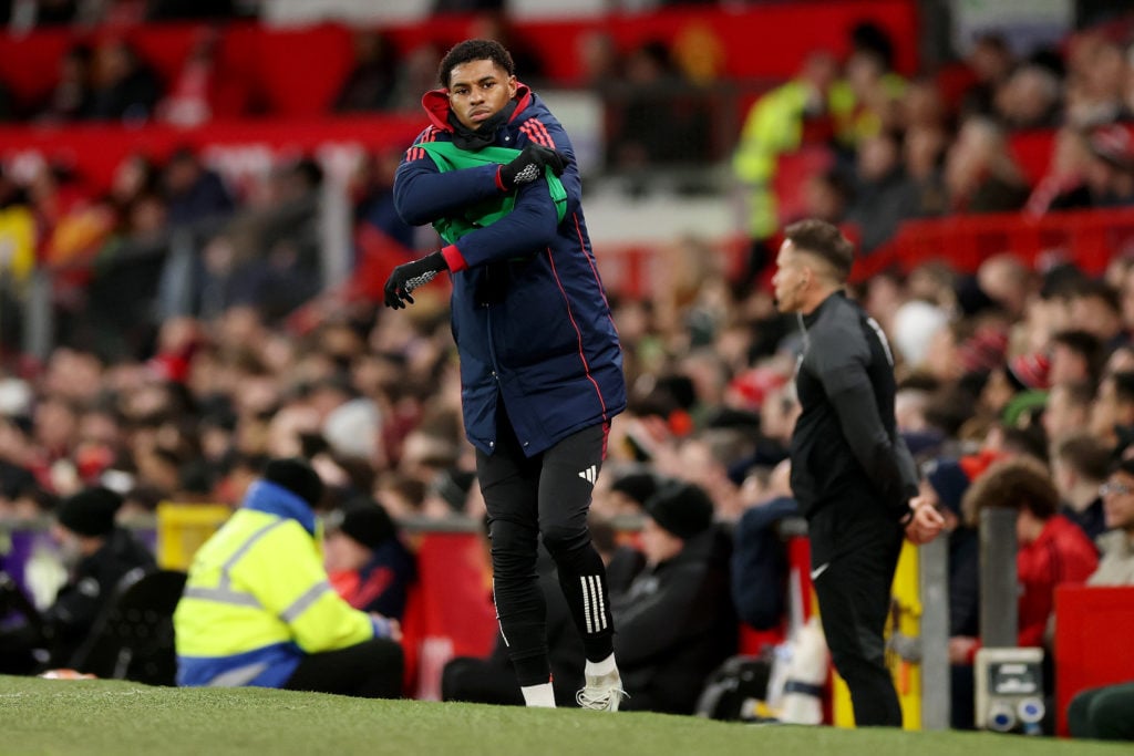 Marcus Rashford of Manchester United prepares to warm up during the Premier League match between Manchester United FC and Newcastle United FC at Ol...