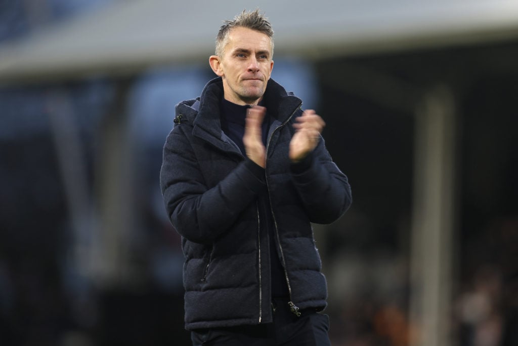 Ipswich Town manager Kieran McKenna applauds the fans during the Premier League match between Fulham FC and Ipswich Town FC at Craven Cottage on Ja...