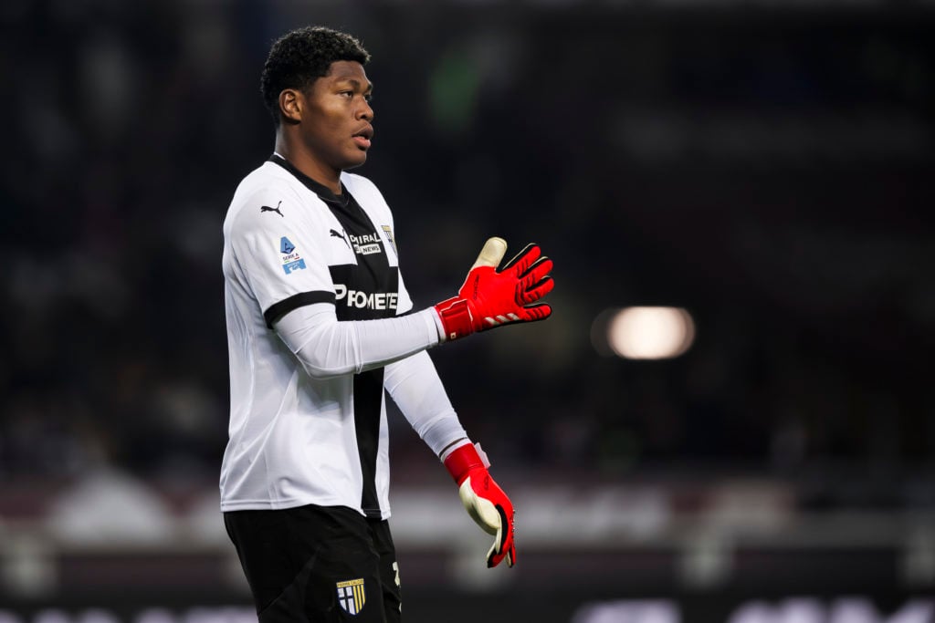 Zion Suzuki of Parma Calcio gestures during the Serie A soccer match between Torino FC and Parma Calcio. The match ended 0-0.