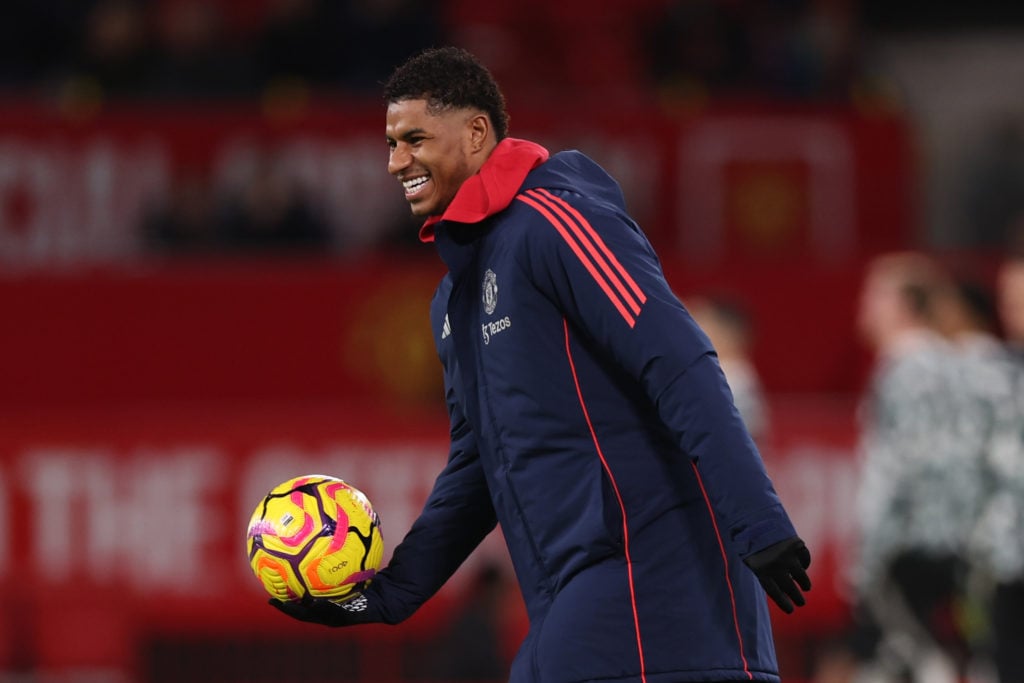 Substitute Marcus Rashford of Manchester United smiles during the warm up prior to the Premier League match between Manchester United FC and Newcas...