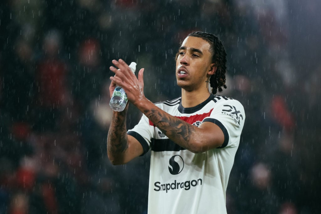 Leny Yoro of Manchester United applauds fans following the Premier League match between Liverpool FC and Manchester United FC at Anfield on January...