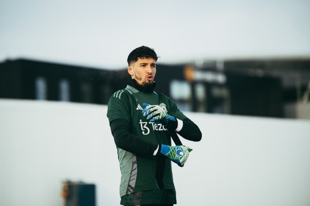 (EXCLUSIVE COVERAGE) Altay Bayindir of Manchester United in action during a first team training session at Carrington Training Ground on January 08...