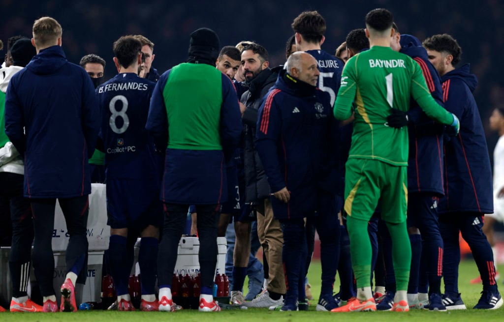 Manchester United manager Ruben Amorim talks to his players during the FA Cup match against Arsenal at the Emirates Stadium in London in 2025.