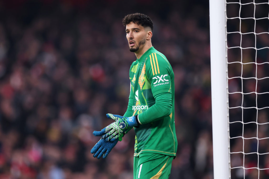 Altay Bayindir of Manchester United looks on during the Emirates FA Cup Third Round match between Arsenal and Manchester United at Emirates Stadium...