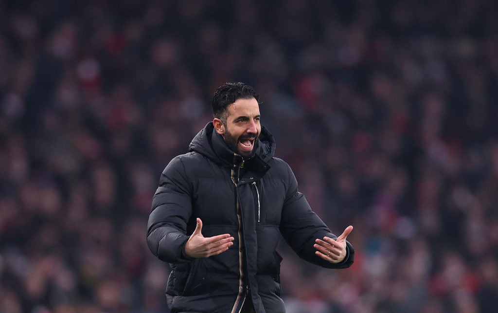 Ruben Amorim, Manager of Manchester United, gestures during the Emirates FA Cup Third Round match between Arsenal and Manchester United at Emirates...