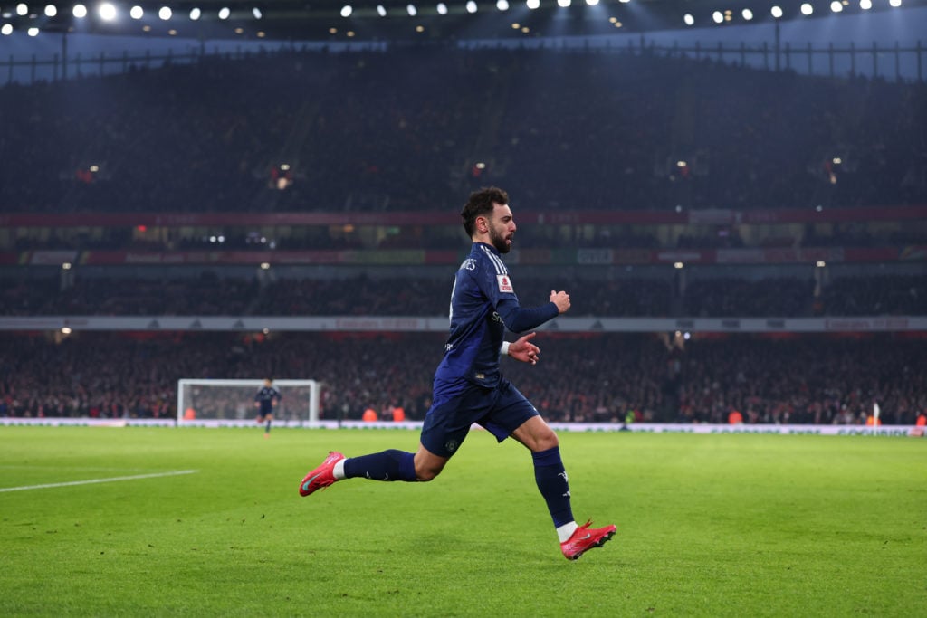 Bruno Fernandes of Manchester United celebrates scoring a goal during the Emirates FA Cup Third Round match between Arsenal and Manchester United a...