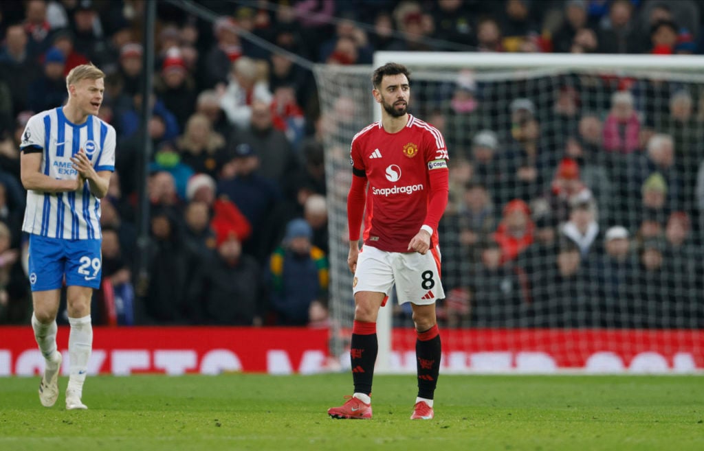 Bruno Fernandes of Manchester United looks dejected during the Premier League match between Manchester United FC and Brighton & Hove Albion FC ...