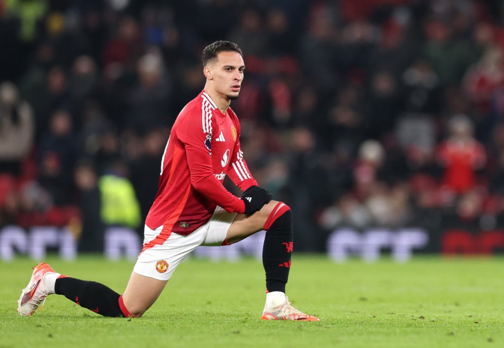 Antony of Manchester United warms up at half time during the Premier League match between Manchester United FC and Southampton FC at Old Trafford o...