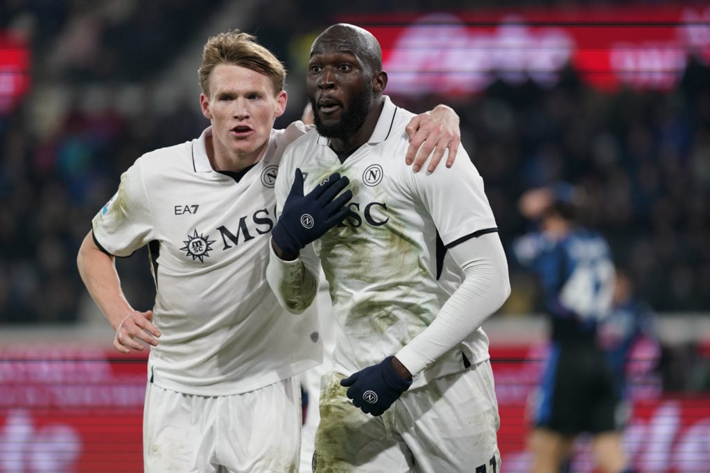 Romelu Lukaku of Napoli celebrates after scoring the team's third goal with his team mate Scott Mctominay during the Serie A match between Atalanta...