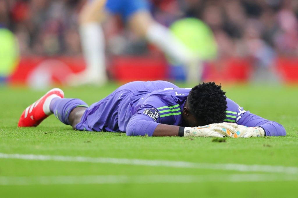 Andre Onana of Manchester United reacts after a mistake leading to Brighton and Hove Albion's third goal during the Premier League match between Ma...