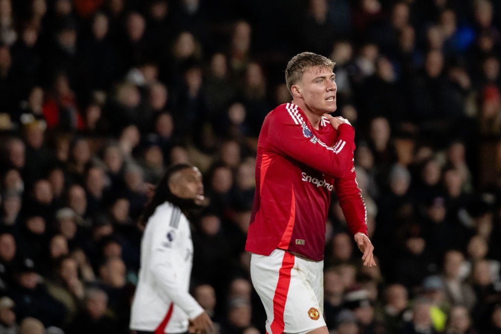 Rasmus Hojlund of Manchester United in action during the Premier League match between Fulham FC and Manchester United FC at Craven Cottage on Janua...